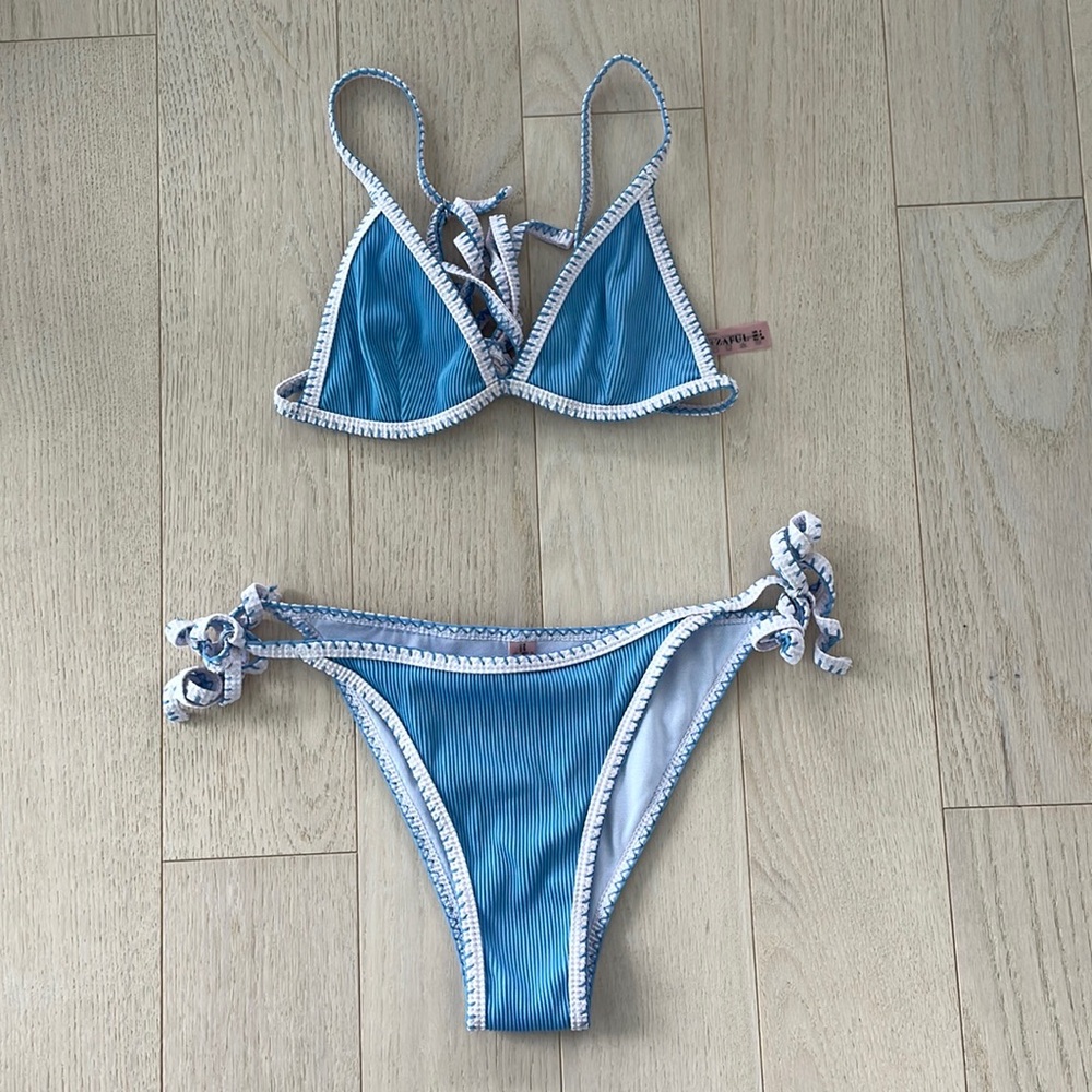 Zaful Blue Ribbed Trim Triangle Bikini Set
